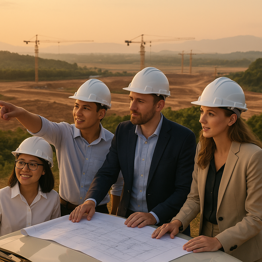 Nhóm nhà đầu tư quốc tế và Việt Nam khảo sát thực địa một dự án khu công nghiệp, thể hiện kinh nghiệm đầu tư đất công nghiệp.