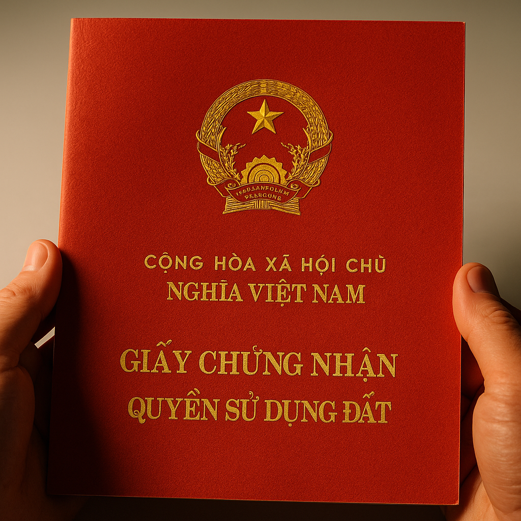 Cận cảnh sổ đỏ thật với quốc huy nổi và chi tiết in sắc nét.