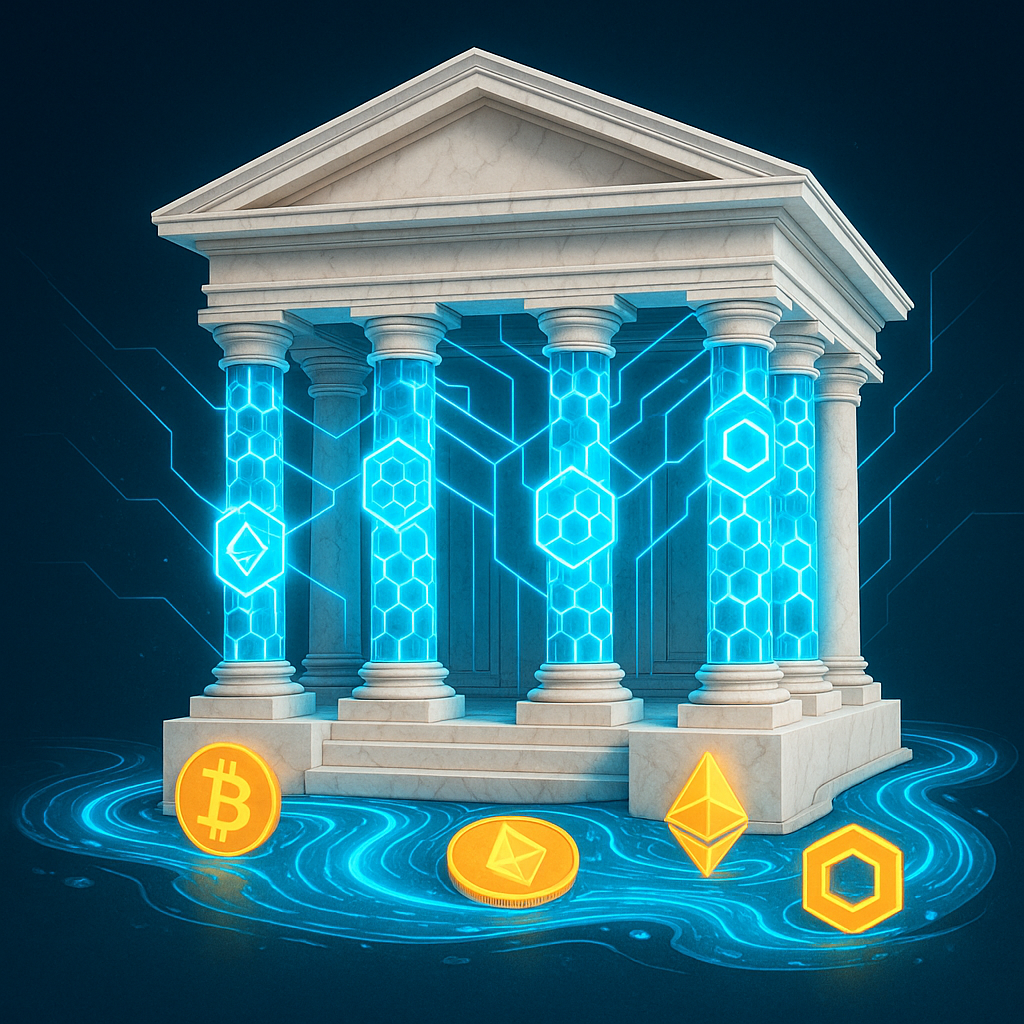 A classical building representing traditional finance merging with blockchain nodes, illustrating a key theme of the Bitcoin Ethereum Rally.