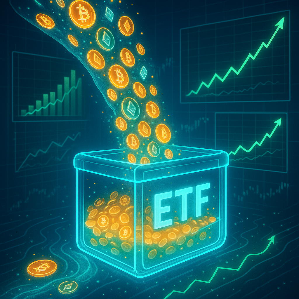 An abstract visualization of digital currency ETF inflows, part of the broader market excitement around the Bitcoin Ethereum Rally.