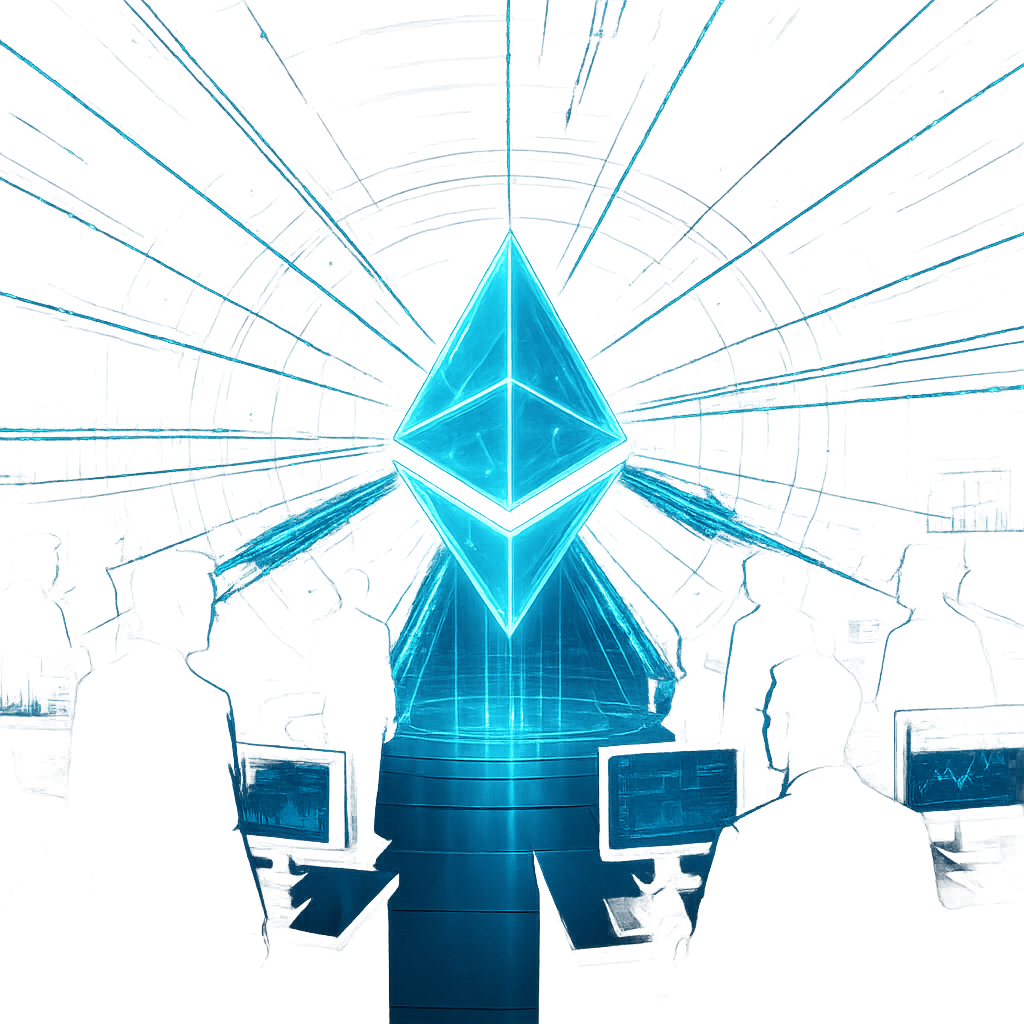 A secure bank vault with a glowing Ethereum symbol, representing institutional investment in the Bitcoin Ethereum Rally.
