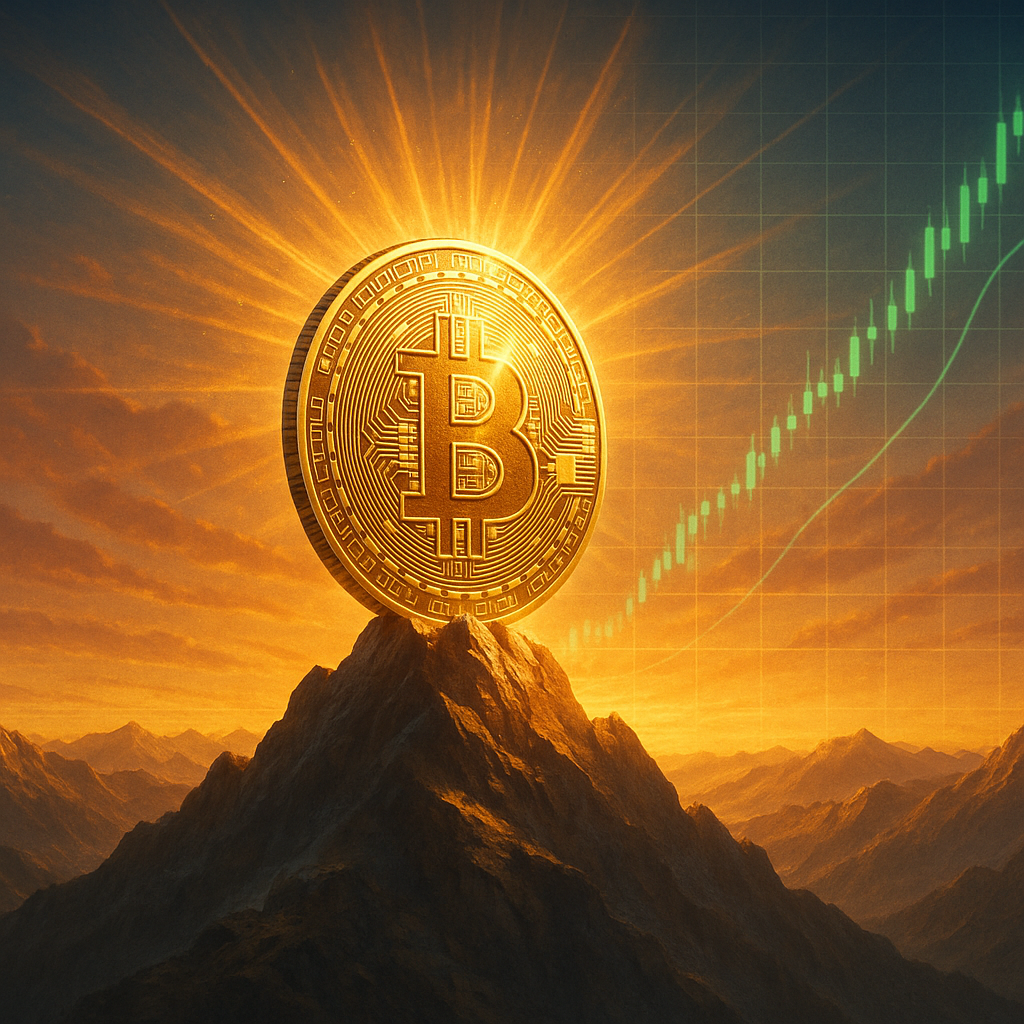A powerful sunrise over a mountain, symbolizing the ascendant Bitcoin Ethereum Rally.