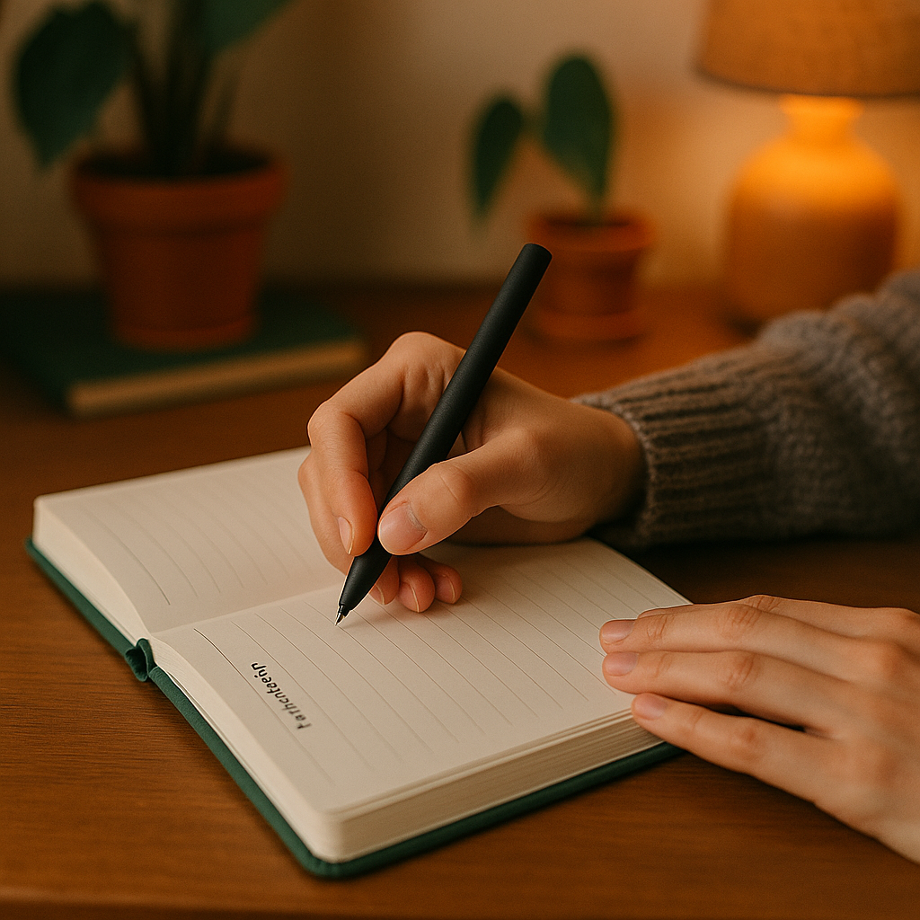 Close-up of a person's hands writing with an elegant pen in a minimalist planner.