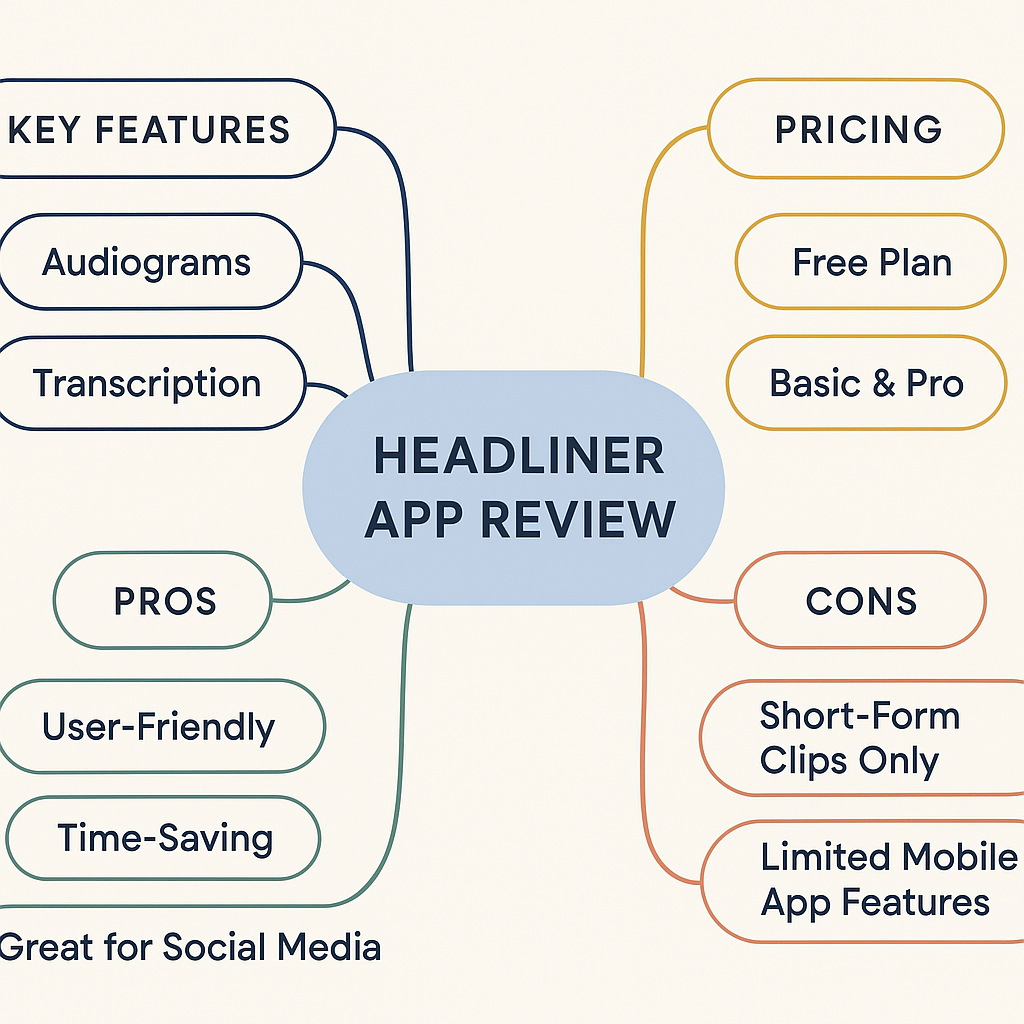 A mind map summarizing the key features and benefits of the Headliner app.