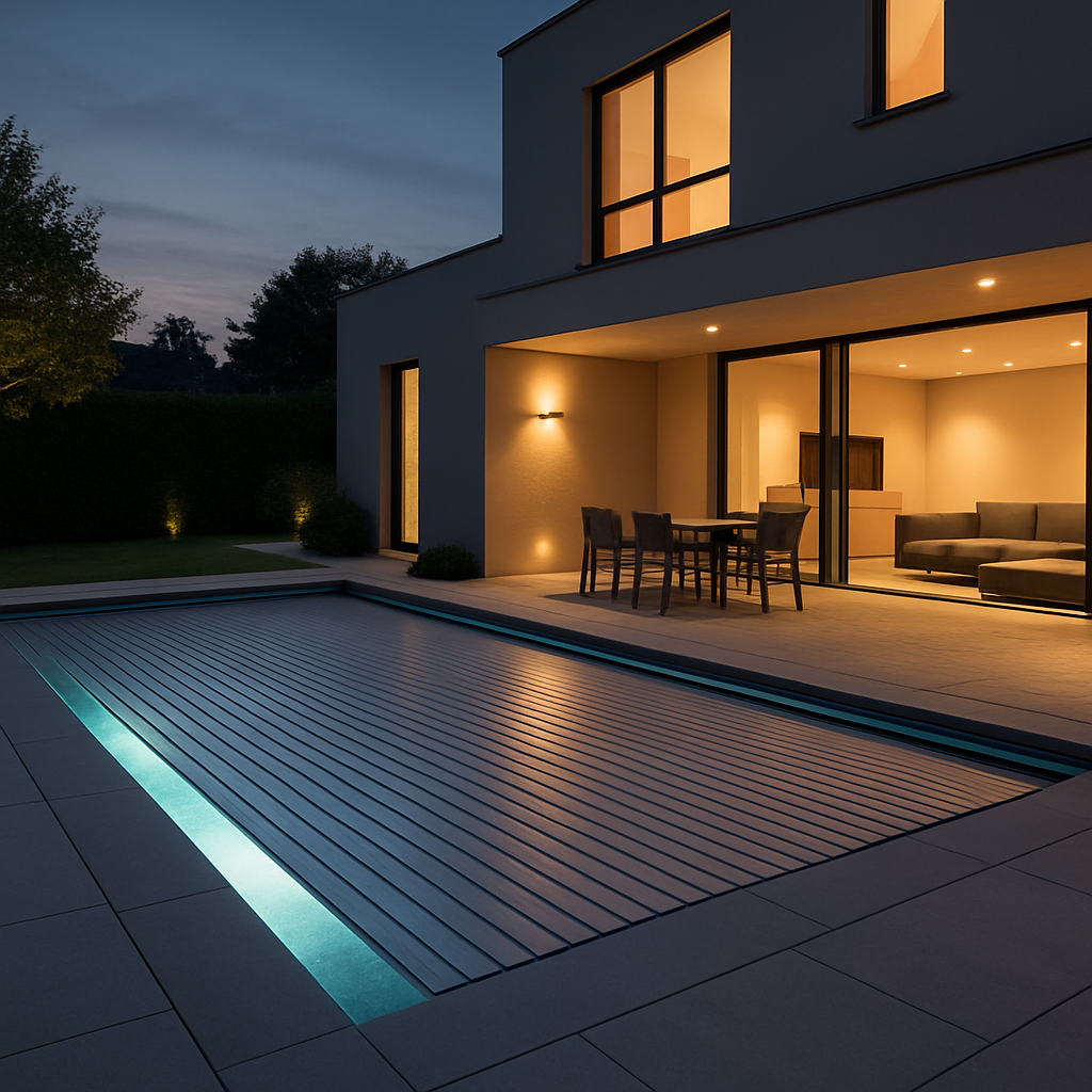 Piscina de luxo com iluminação ao entardecer