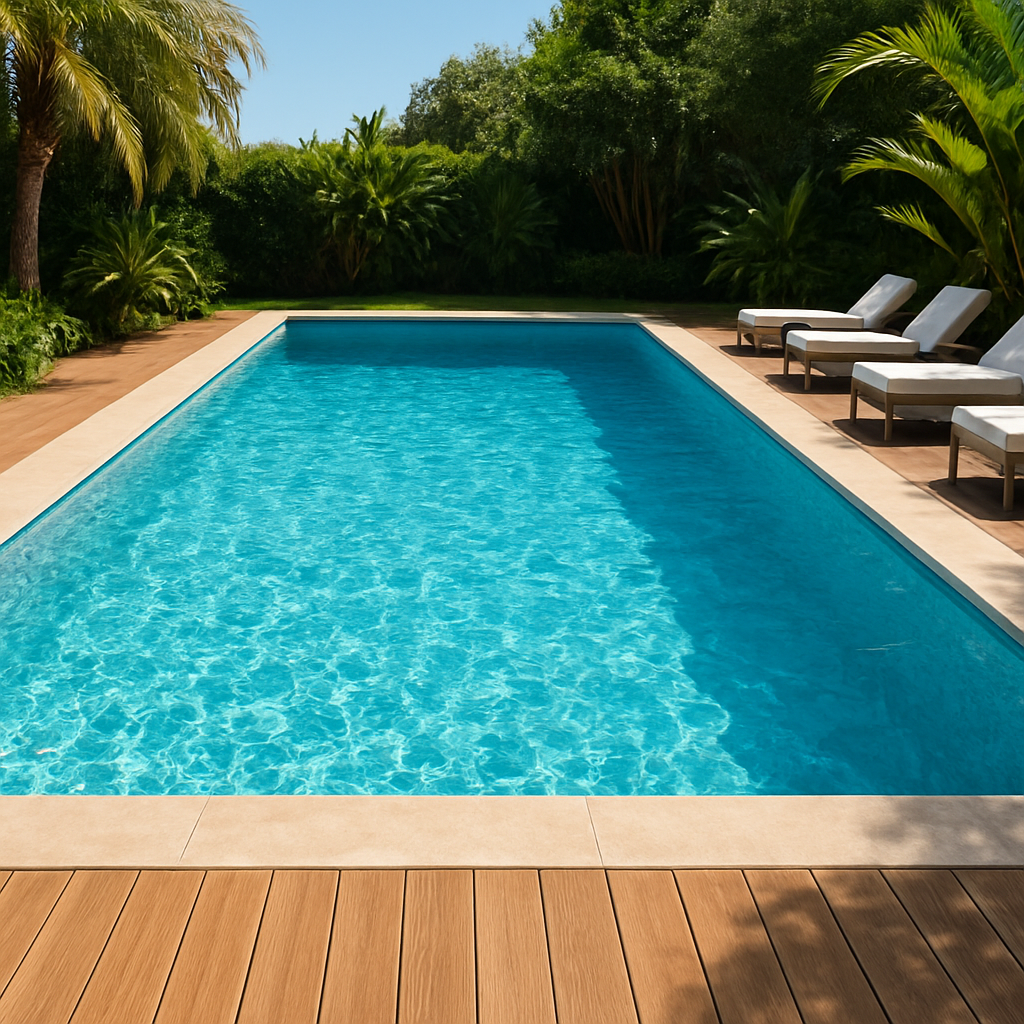 Piscina luxuosa em ambiente tropical com capa de proteção