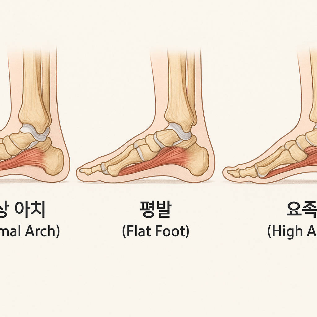 정상 아치, 평발, 높은 아치의 해부학적 구조 비교