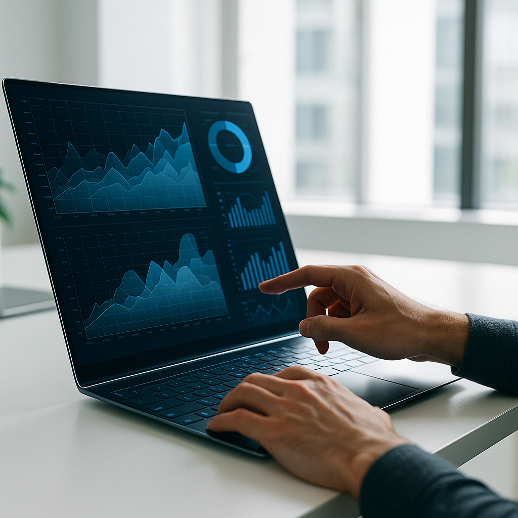 Persona analizando datos en un portátil futurista en un entorno de oficina moderno.
