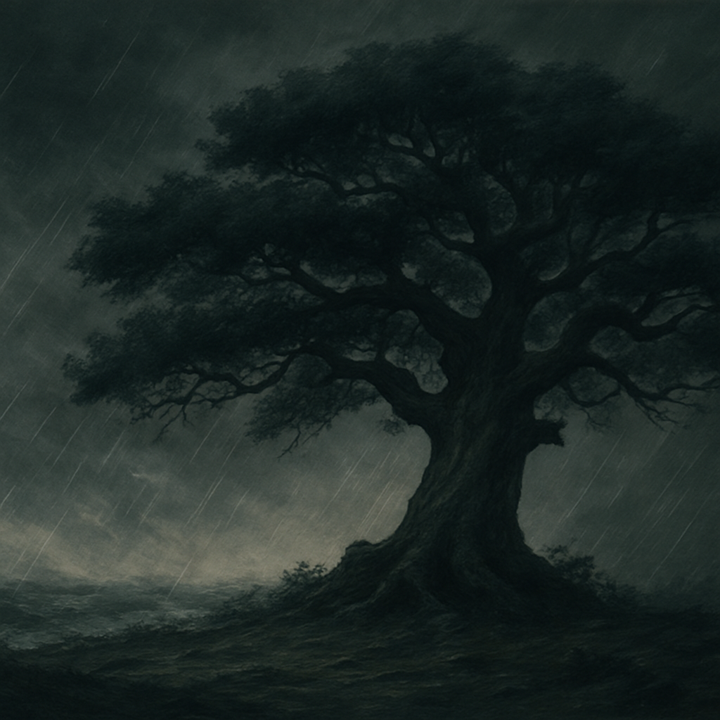 Imagem conceitual da resiliência estoica, mostrando uma figura serena em meio a uma tempestade.