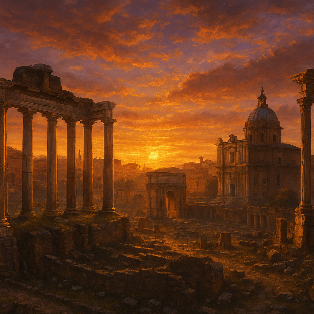 Pintura do Fórum Romano ao pôr do sol, ilustrando o contexto histórico de Marco Aurélio.