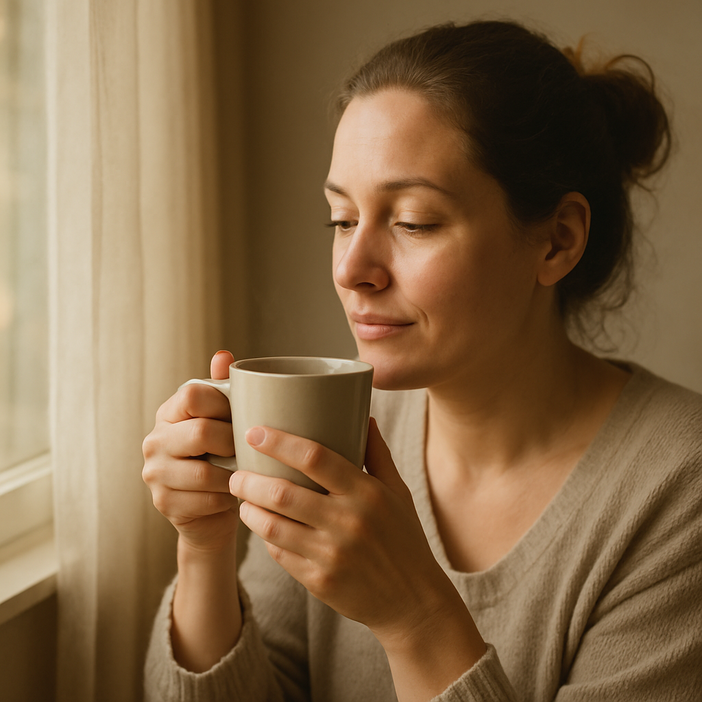 A parent enjoying a quiet moment of self-care, sipping tea and looking out a window.