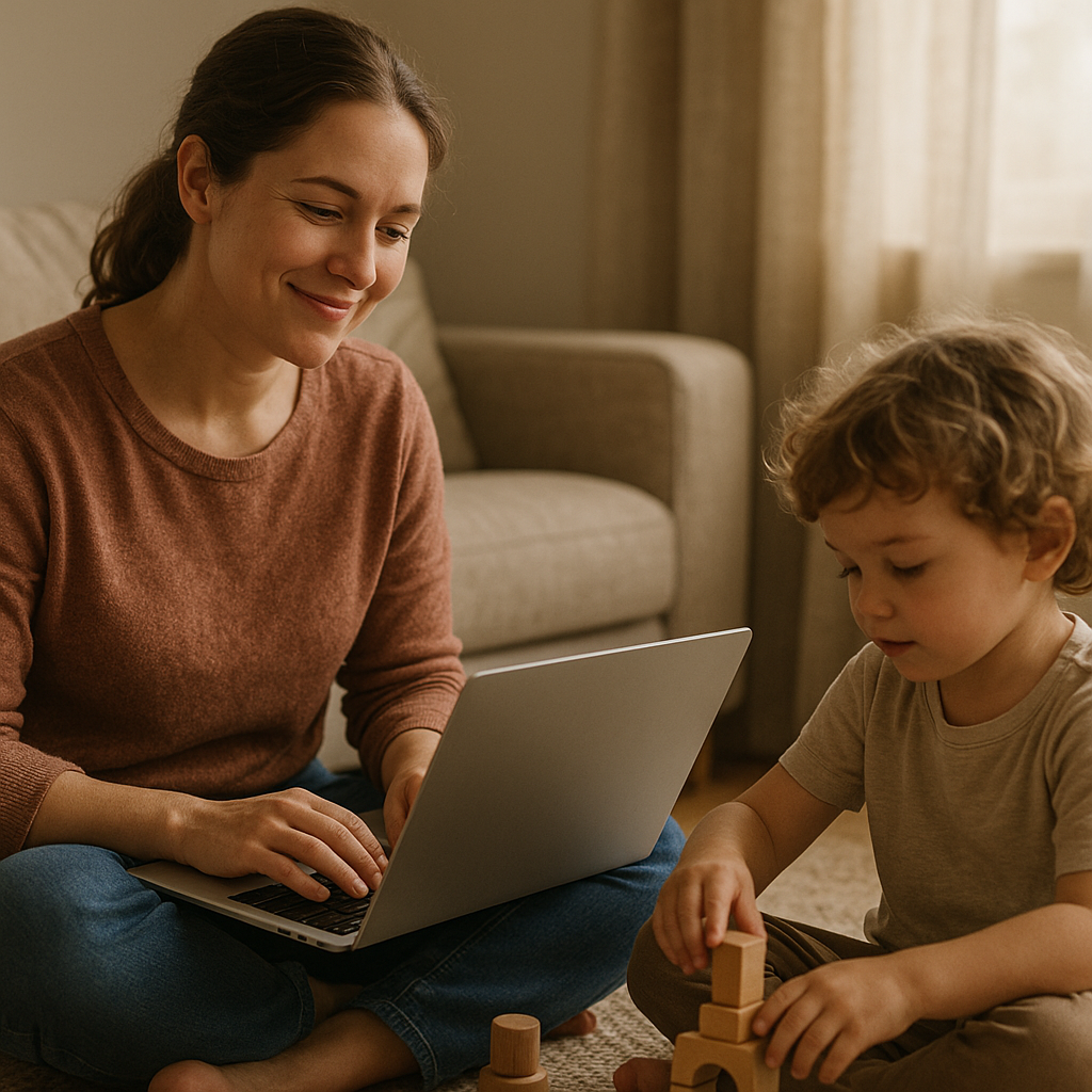 A parent working on a laptop with a young child looking on curiously.