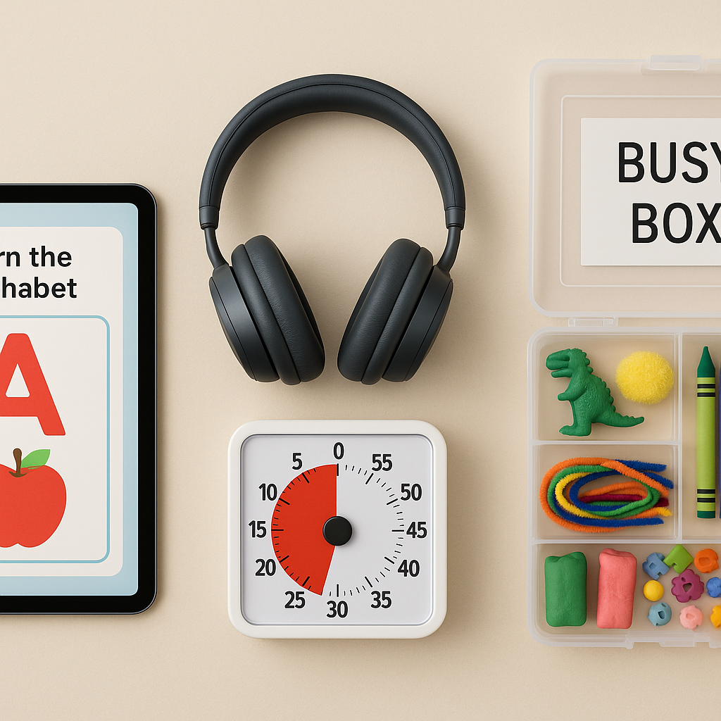 A flat lay of working parent essentials: laptop, noise-canceling headphones, kids' headphones, and a smartphone.