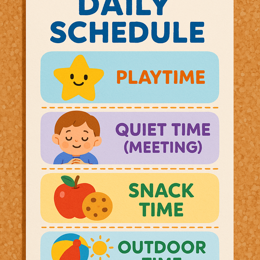 A visual daily schedule for a child with icons for activities like play, meals, and quiet time.