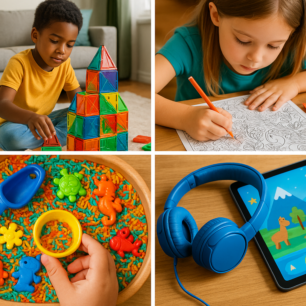 A collage of quiet children's activities including Play-Doh, LEGOs, coloring, and puzzles.