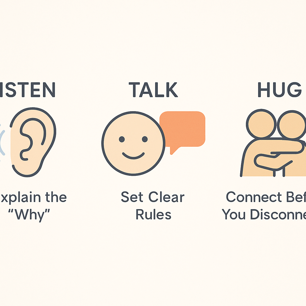 Infographic showing communication icons: a door sign, a hand signal, and a countdown timer.