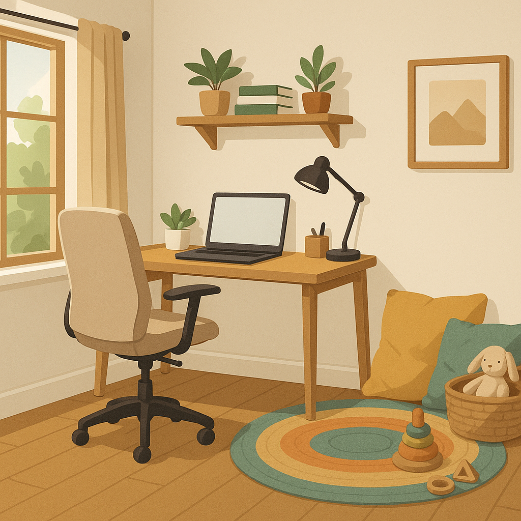 A modern home office with a clear work area and a designated, cozy children's play corner.