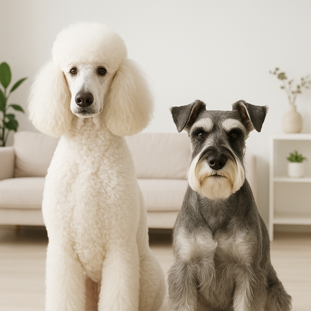 A stylish living room with a Standard Poodle and a Miniature Schnauzer sitting calmly, representing hypoallergenic breeds in a home setting.