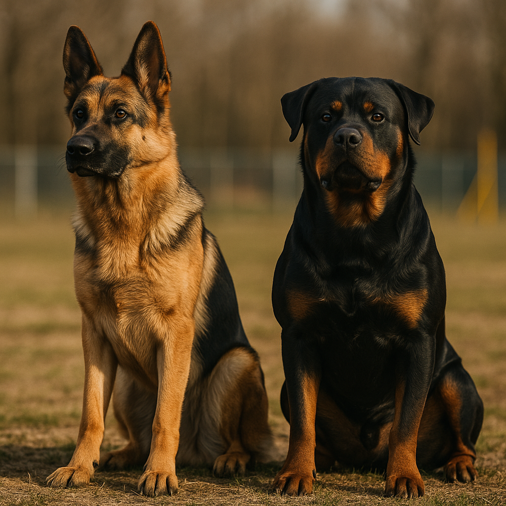 A German Shepherd and a Rottweiler standing alertly in a training field.