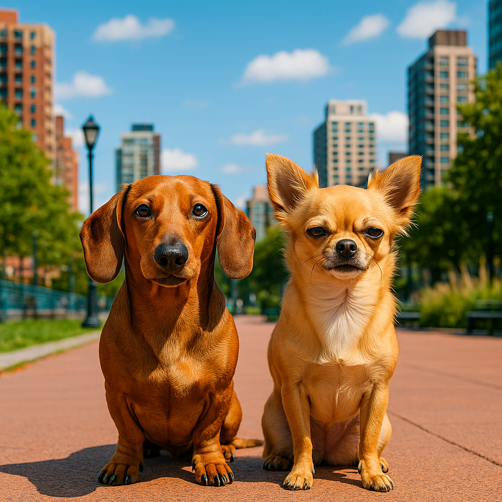 A confident Dachshund and a perky Chihuahua sitting side-by-side in an urban park.