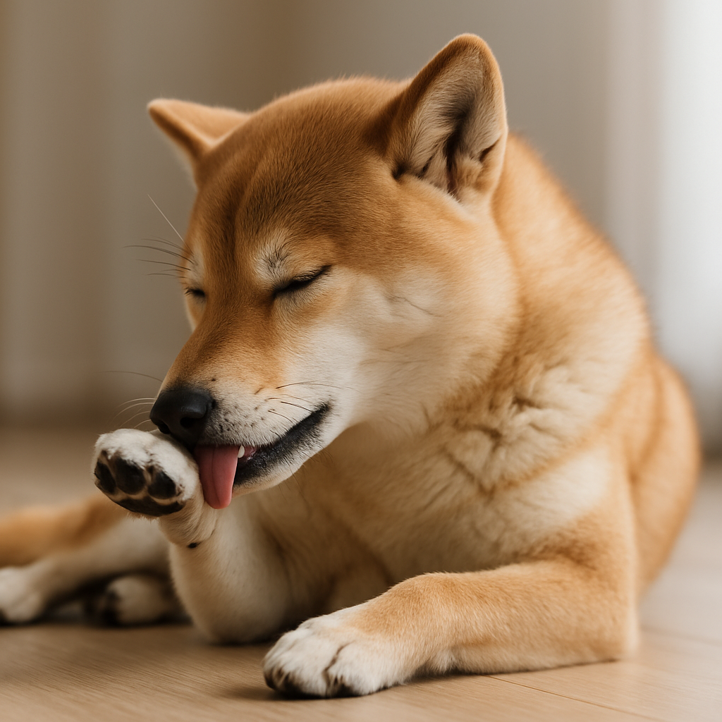 A close-up shot of a Shiba Inu meticulously grooming its paw.