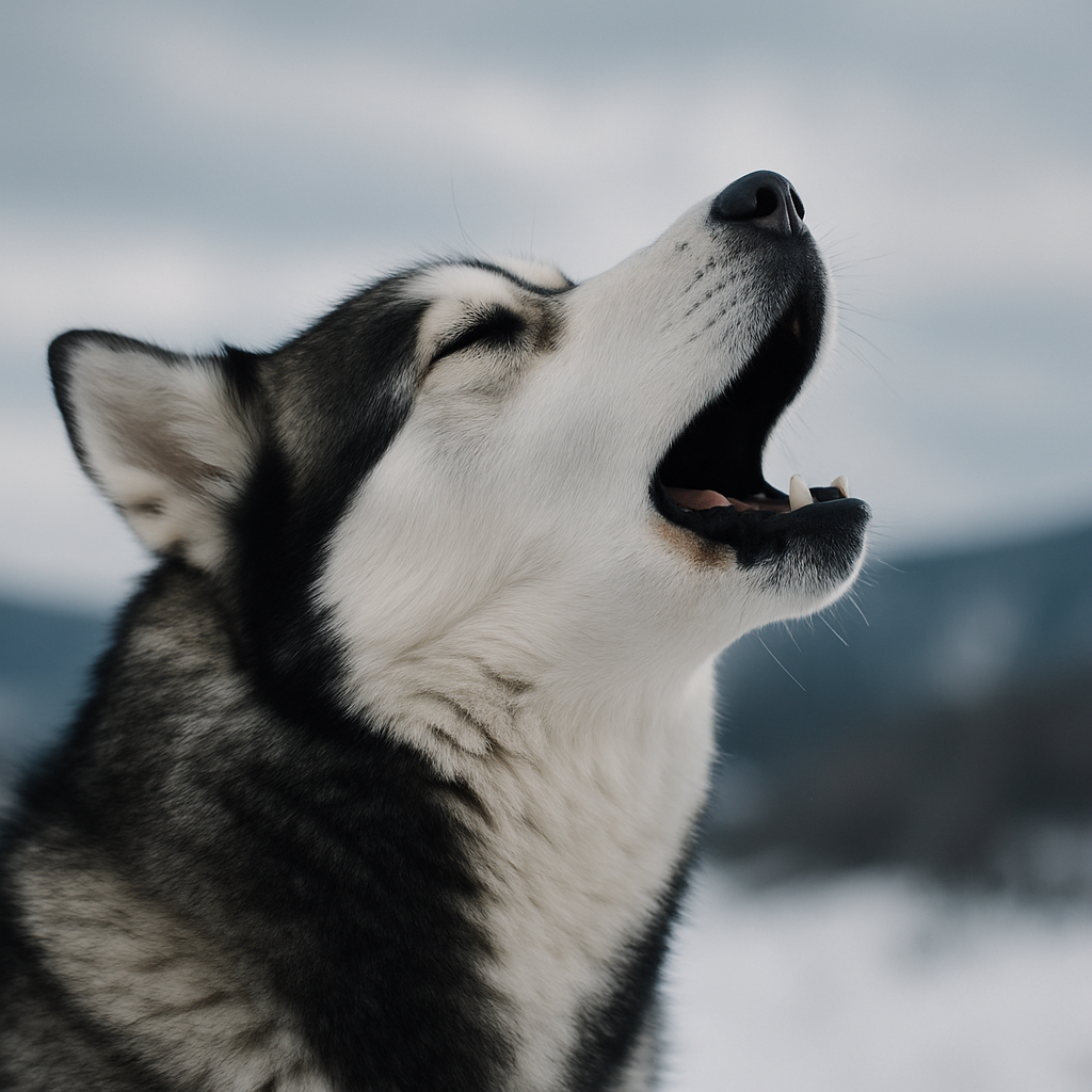 A Siberian Husky tilting its head back and letting out a characteristic howl in a snowy, northern climate.