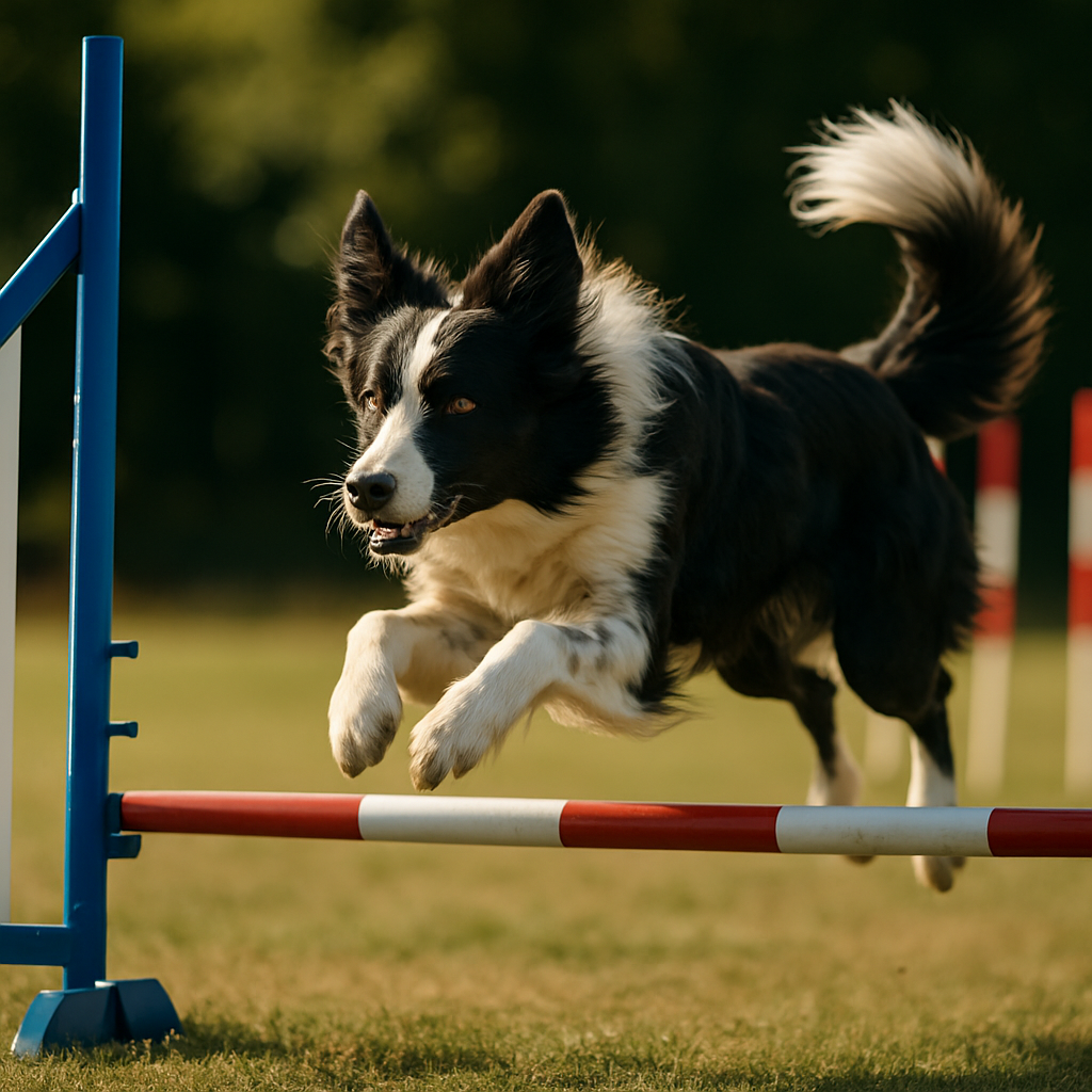 A Border Collie in mid-air, effortlessly clearing a jump on an agility course.