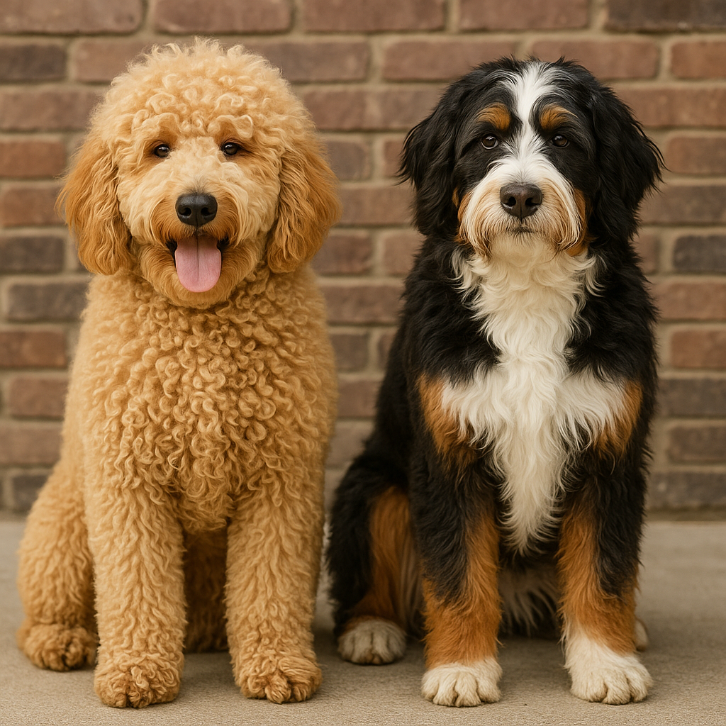 A detailed visual comparison of three different Doodle coat types: curly, wavy, and straight.