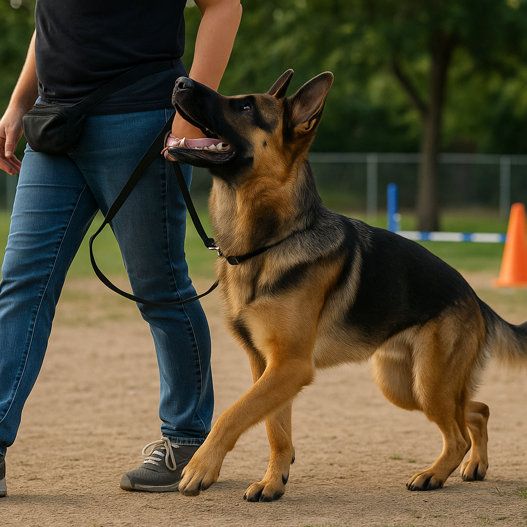 A German Shepherd focused intently on its owner during an obedience training session.