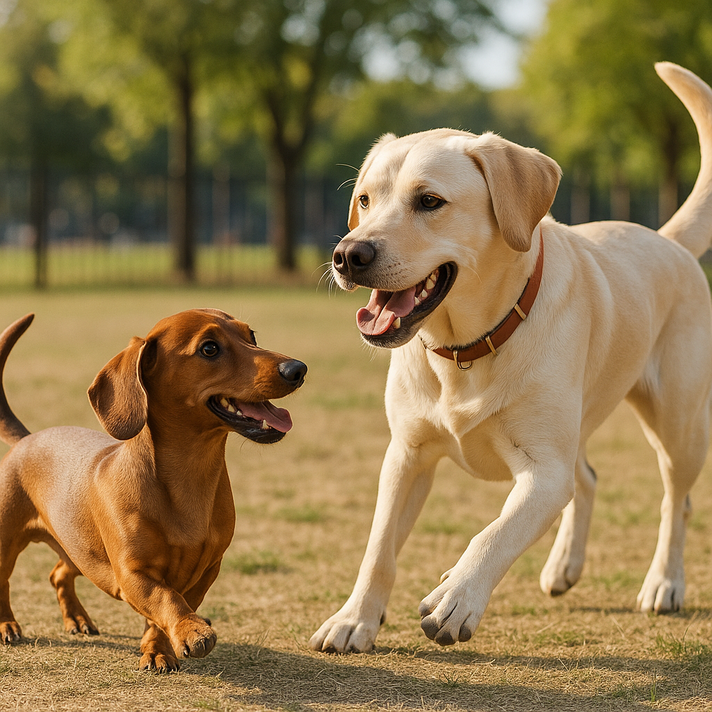 A Dachshund playing happily with a much larger Labrador in a dog park, demonstrating good socialization.