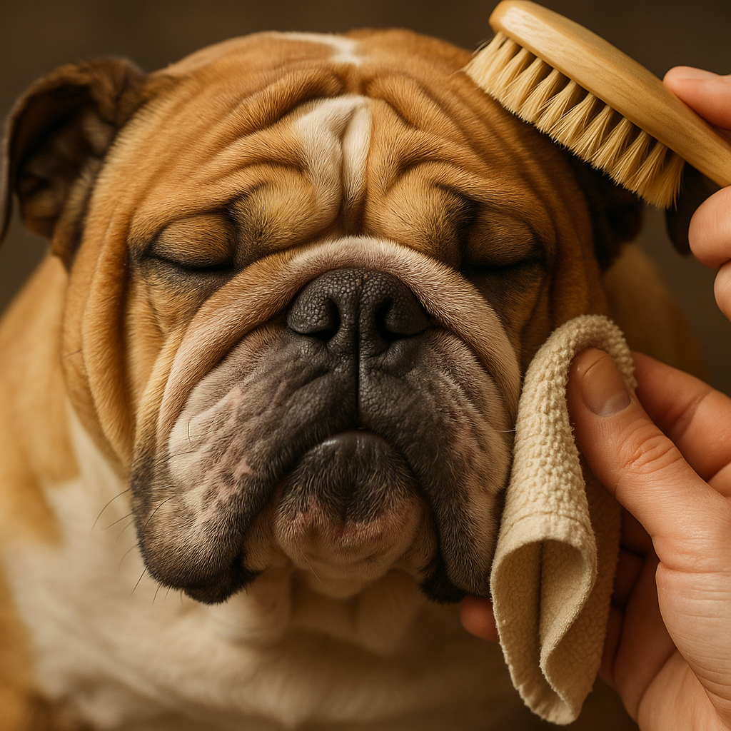 A close-up of a person gently cleaning the facial wrinkles of a relaxed English Bulldog with a soft cloth.