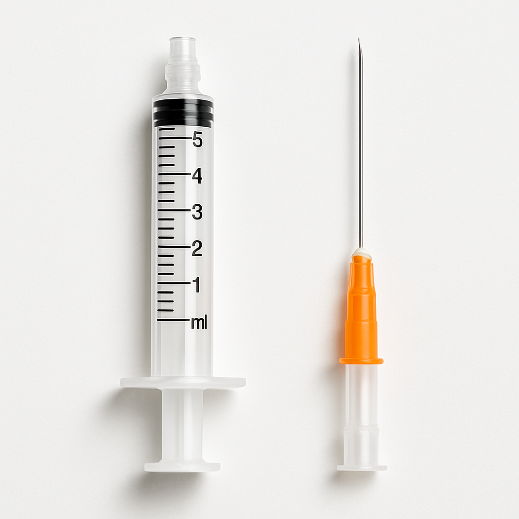 A studio shot of a Luer Lock syringe and needle on a clean, white background.