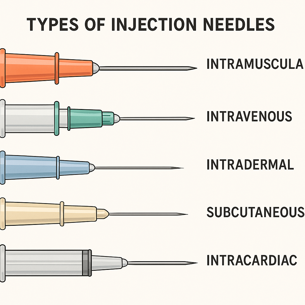An illustrative medical diagram comparing different types of injection needles for various purposes.