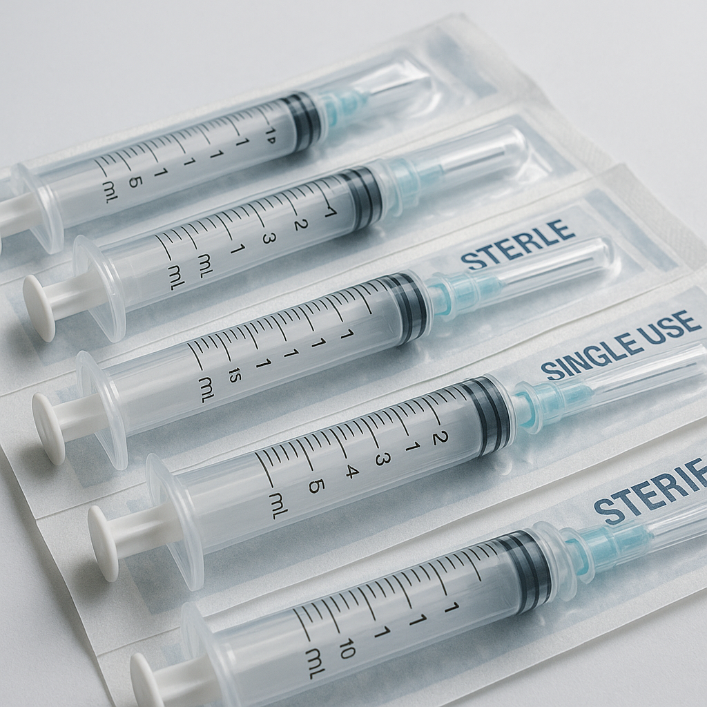 Close-up of sterile medical syringes in their clean, professional packaging.