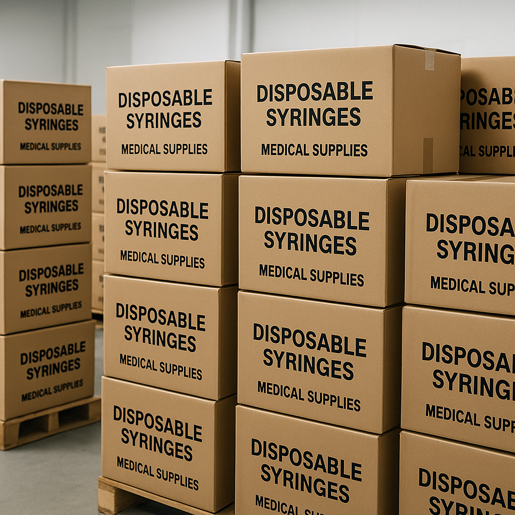 Image depicting a large-scale logistics operation for bulk syringe supply.