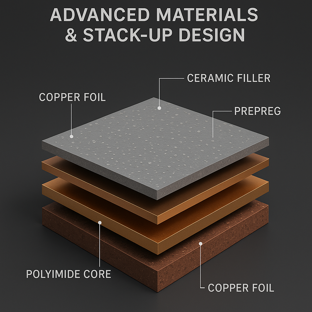 A detailed diagram of a multi-layer PCB stack-up with advanced materials