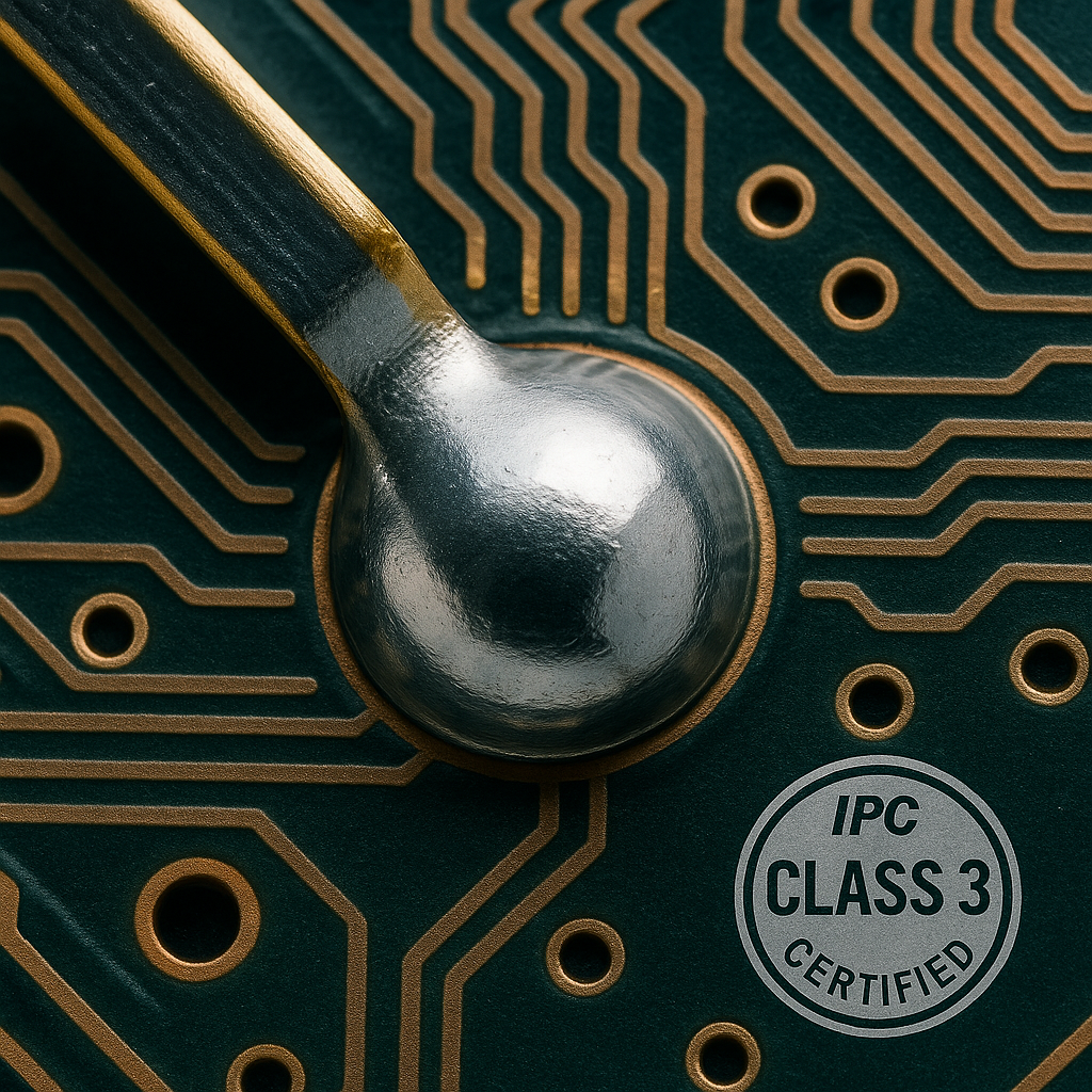 Close-up of a high-reliability solder joint compliant with IPC Class 3 standards