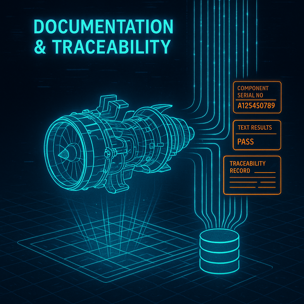 Holographic display showing a complete technical data package for an aerospace component