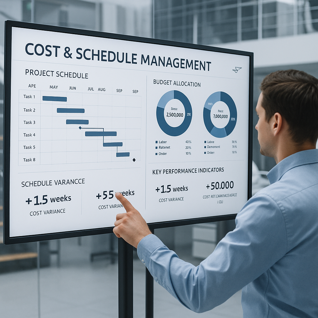 A dashboard showing project management metrics for cost, schedule, and risk in an aerospace project