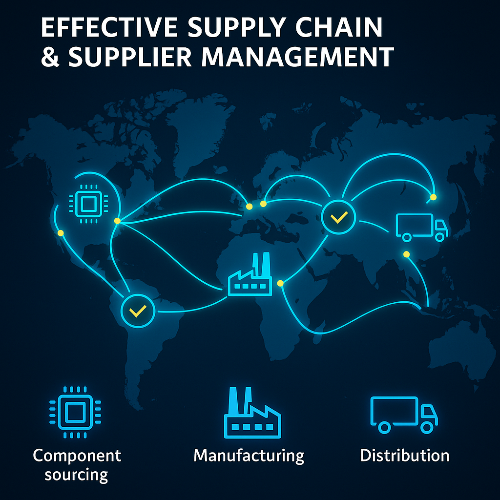 Infographic illustrating the global electronics supply chain and supplier auditing points
