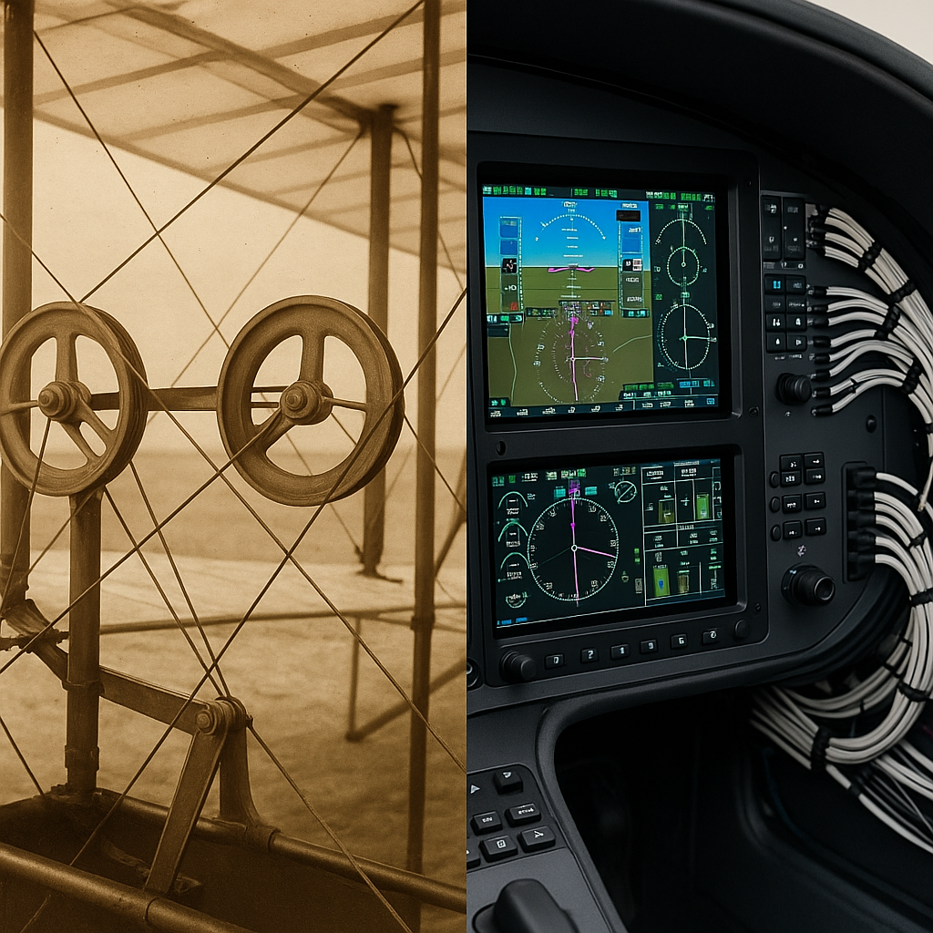 An illustration showing the evolution of aviation technology from early biplanes to modern jets