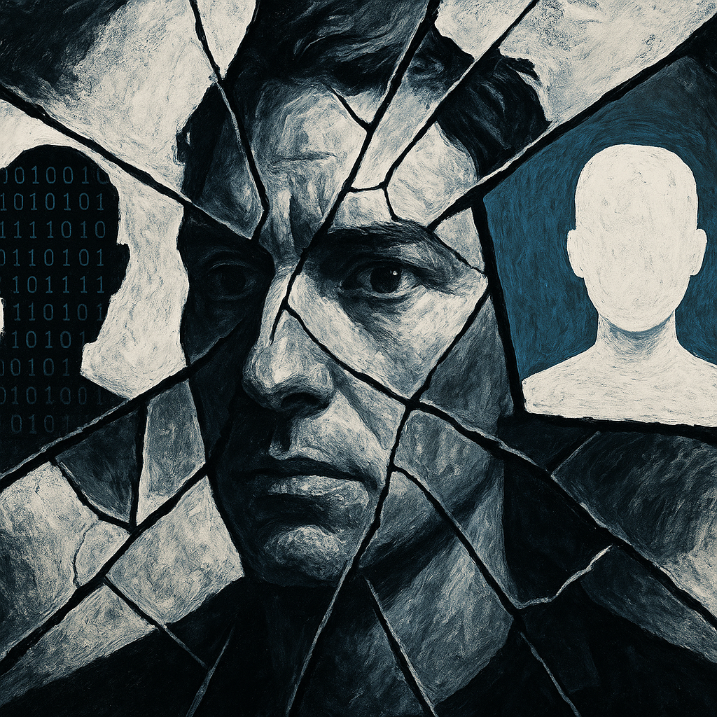 A fragmented portrait representing identity crisis in the AI era, with a face broken into shards reflecting digital code and anonymous silhouettes.