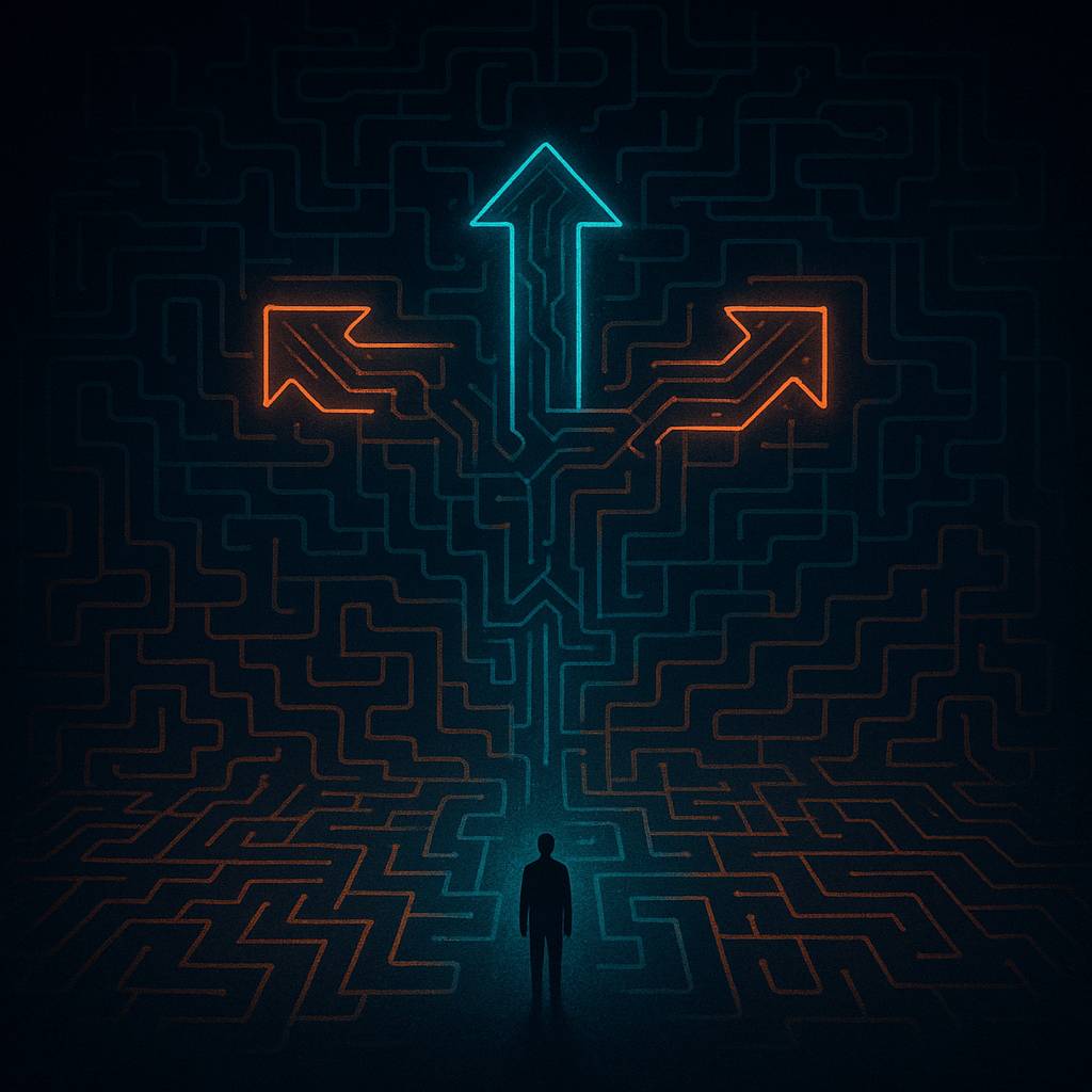 A silhouette of a person standing at the entrance of a complex maze made of glowing circuit lines, facing branching paths that represent complex ethical choices.