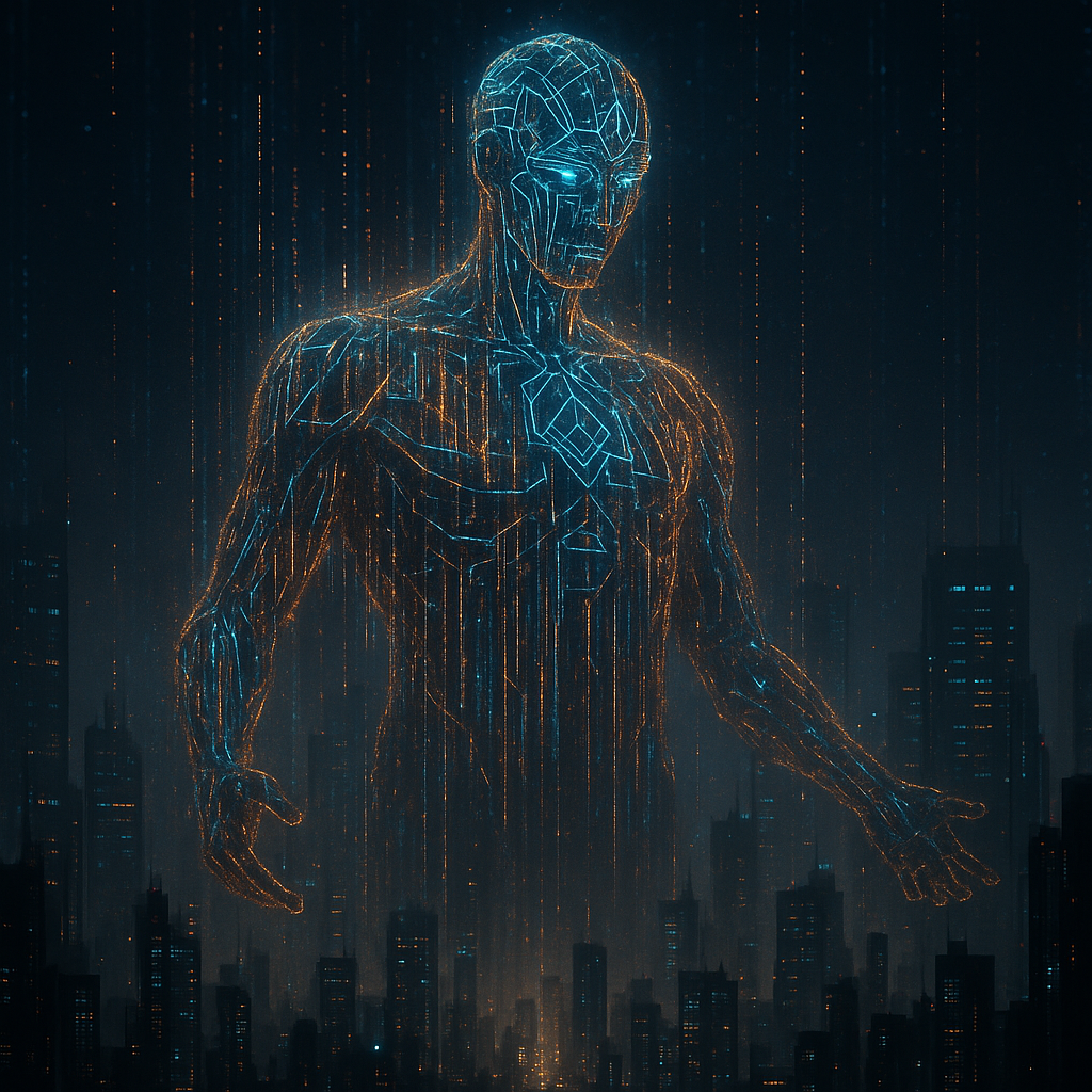 Concept art of a digital deity, a glowing, god-like figure made of data and light, towering over a futuristic cityscape at night.