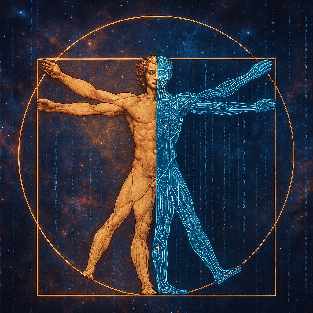 A depiction of the fusion of human and machine, reminiscent of Leonardo da Vinci's Vitruvian Man, with one half representing organic humanity and the other half representing digital circuitry, set against a backdrop of cosmic data.