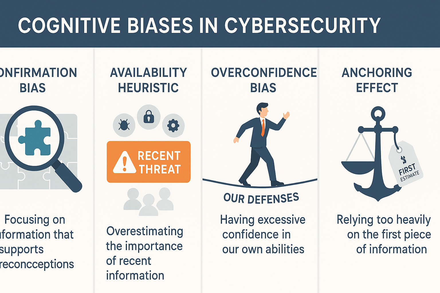 信息图展示了四种关键的认知偏误在网络安全领域的表现：确认偏误、可用性启发式、过度自信偏误和锚定效应。