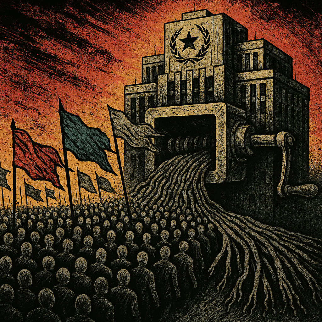 A crowd of protesters marching into a brutalist government building designed as a meat grinder, their forms being processed and extruded as a formless mass