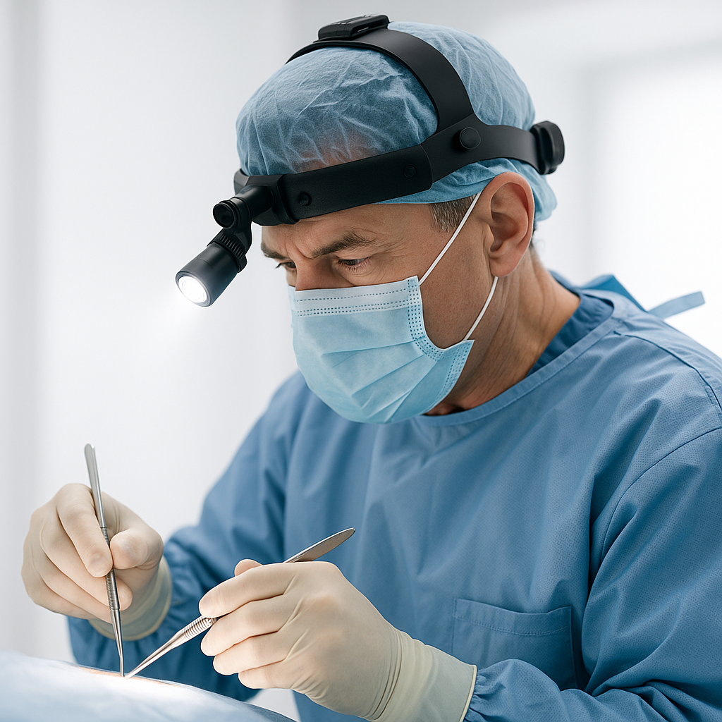 Surgeon with shadow-free LED headlamp ensuring shadowless illumination during procedure