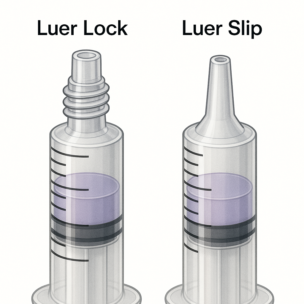 A side-by-side visual comparison of a Luer Lock syringe tip and a Luer Slip syringe tip.
