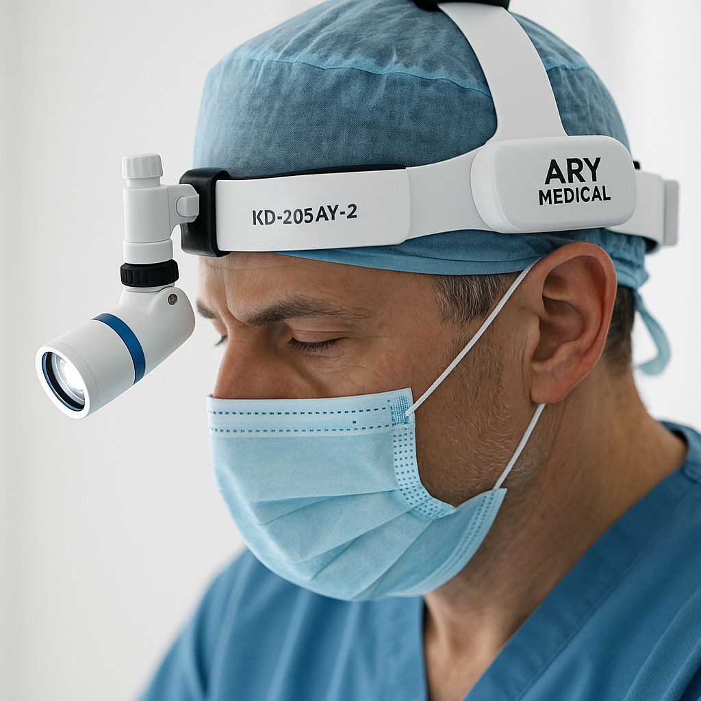 Close-up of KD-205AY-2 Ary Medical headlamp in surgical use highlighting portable design
